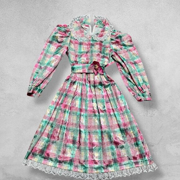 Vintage Storybook Heirlooms Girls Dress 8 Plaid Lace Metallic Brocade Victorian - Picture 1 of 14